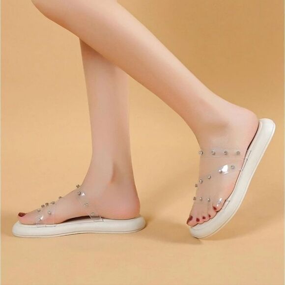 BRAND NEW OLIVIA &KATE STUDDED CLEAR MULTI-STRAP SLIP-ON WOMEN"S SANDAL - Picture 1 of 12